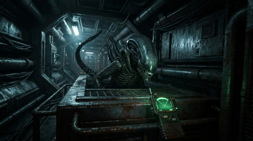 Un Xenomorph d'Alien Isolation, tête brillante et queue recourbée, émerge d'une grille dans un couloir sombre. Un détecteur de mouvement vert est visible.