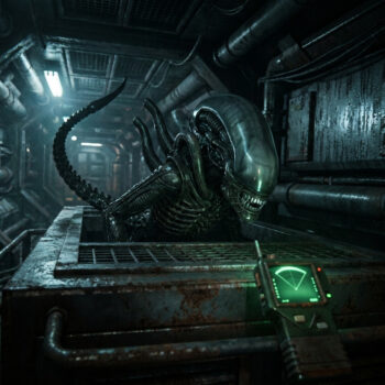 Un Xenomorph d'Alien Isolation, tête brillante et queue recourbée, émerge d'une grille dans un couloir sombre. Un détecteur de mouvement vert est visible.
