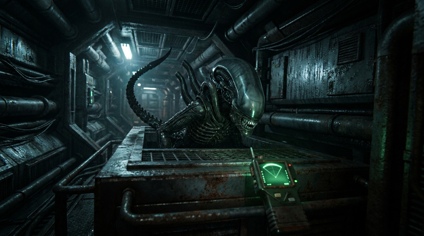 Un Xenomorph d'Alien Isolation, tête brillante et queue recourbée, émerge d'une grille dans un couloir sombre. Un détecteur de mouvement vert est visible.