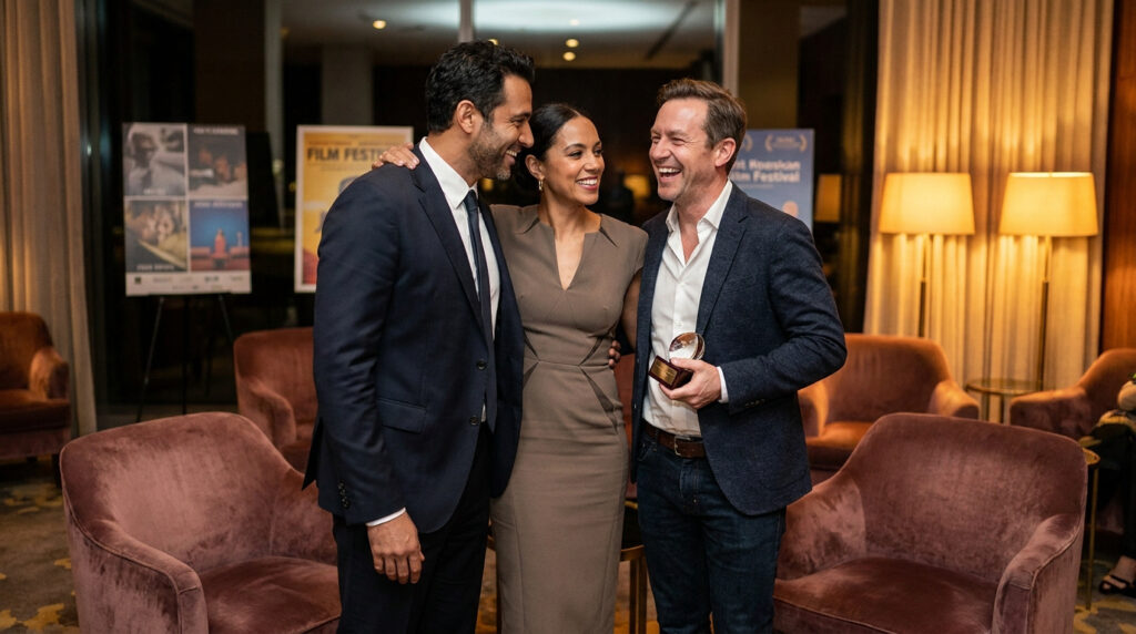 Trois personnes souriantes lors d'une réception, l'homme à droite tient un trophée de festival du film.