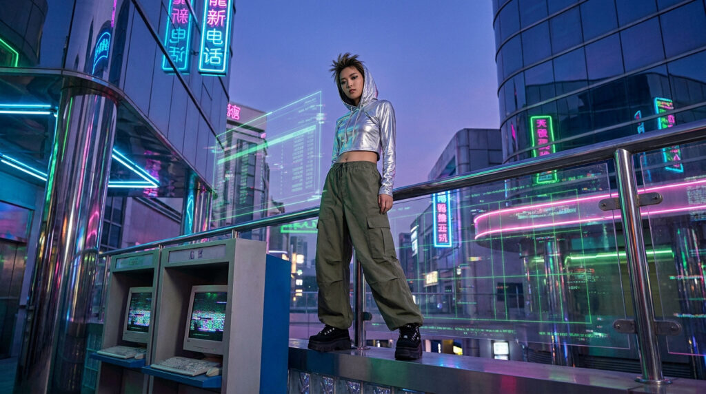 Une personne vêtue d'un sweat chromé debout sur une rambarde dans une ville cyberpunk avec des néons et des ordinateurs.
