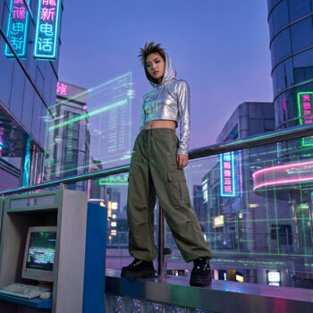Une personne vêtue d'un sweat chromé debout sur une rambarde dans une ville cyberpunk avec des néons et des ordinateurs.