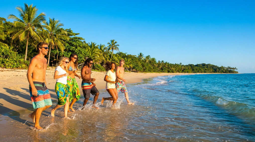 Un groupe d'amis souriants marche et court dans l'eau sur une plage tropicale au Brésil.