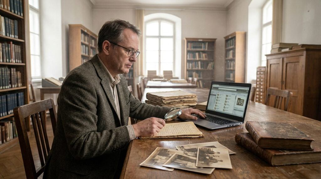 Un historien examinant des documents et photos d'époque avec une loupe dans une bibliothèque.