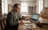 Un historien examinant des documents et photos d'époque avec une loupe dans une bibliothèque.