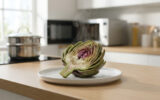 Un demi-artichaut fumant posé sur une assiette blanche dans une cuisine moderne.