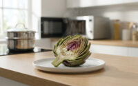 Un demi-artichaut fumant posé sur une assiette blanche dans une cuisine moderne.