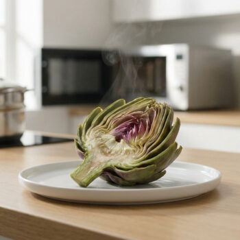 Un demi-artichaut fumant posé sur une assiette blanche dans une cuisine moderne.