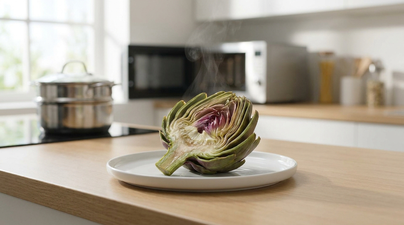Un demi-artichaut fumant posé sur une assiette blanche dans une cuisine moderne.