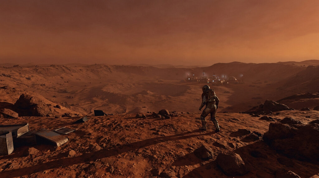 Un astronaute solitaire observe une base isolée dans le paysage aride et désertique de Mars sous un ciel cuivré.