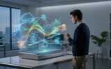 Un homme interagit avec une interface holographique affichant des graphiques et des symboles de justice dans un bureau.