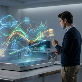 Un homme interagit avec une interface holographique affichant des graphiques et des symboles de justice dans un bureau.