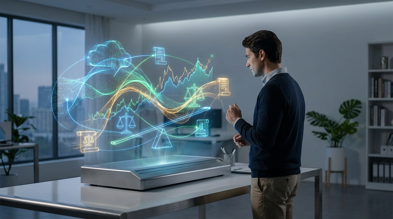 Un homme interagit avec une interface holographique affichant des graphiques et des symboles de justice dans un bureau.
