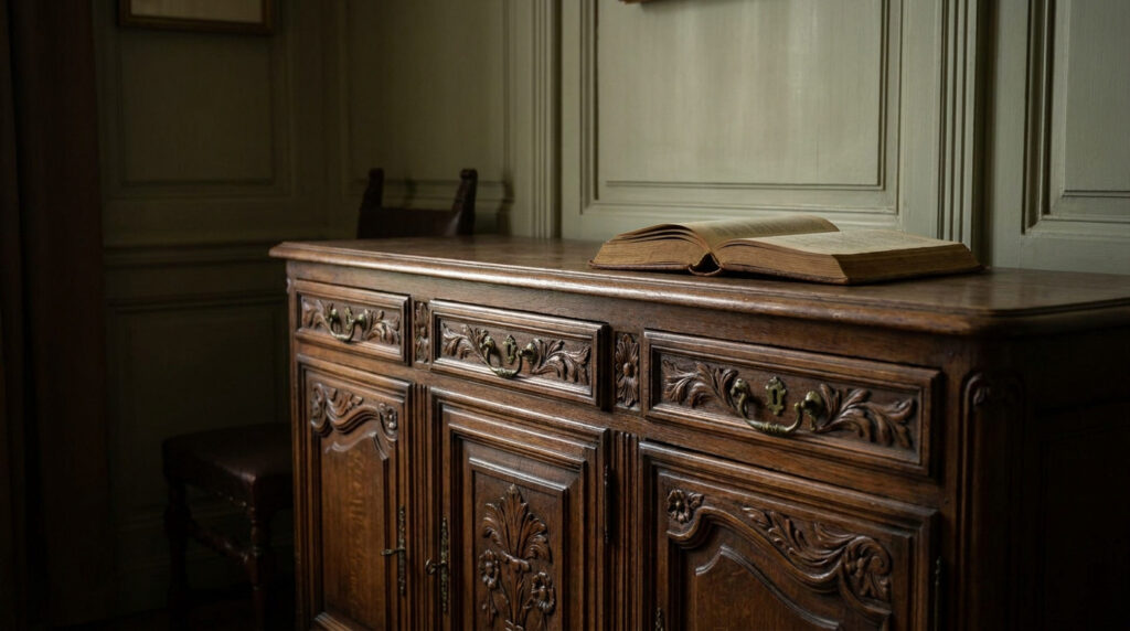 Un buffet en bois sculpté de style ancien avec un livre ouvert posé sur son plateau dans une pièce aux murs lambrissés.