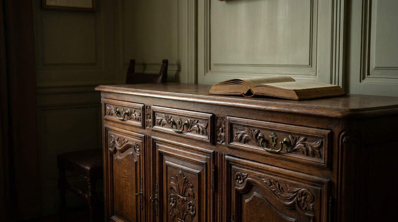 Un buffet en bois sculpté de style ancien avec un livre ouvert posé sur son plateau dans une pièce aux murs lambrissés.