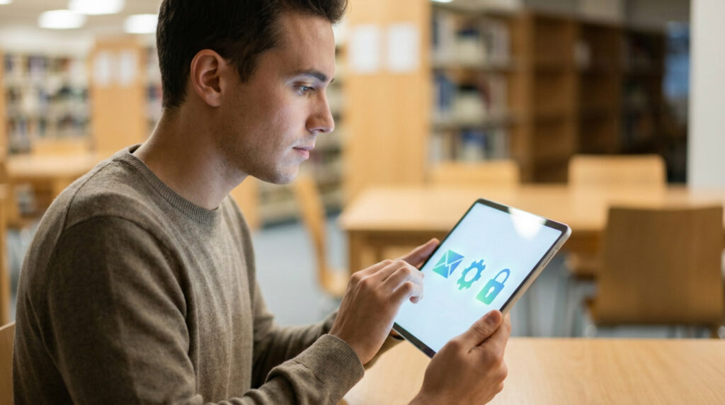 Étudiant concentré utilisant une tablette avec des icônes d'e-mail, de réglages et de cadenas dans une bibliothèque.