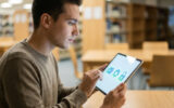 Étudiant concentré utilisant une tablette avec des icônes d'e-mail, de réglages et de cadenas dans une bibliothèque.