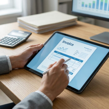 Une personne utilisant un stylet sur une tablette affichant un document de facturation numérique.