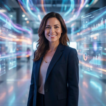 Portrait de Meredith Hagner souriante devant des interfaces numériques futuristes et des flux de données lumineuses.