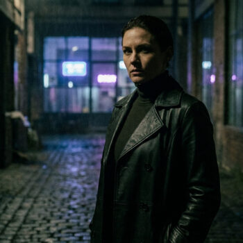 Une femme au regard déterminé portant un trench-coat en cuir noir dans une ruelle sombre et pluvieuse.