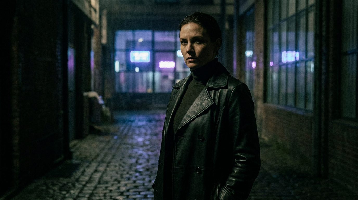 Une femme au regard déterminé portant un trench-coat en cuir noir dans une ruelle sombre et pluvieuse.