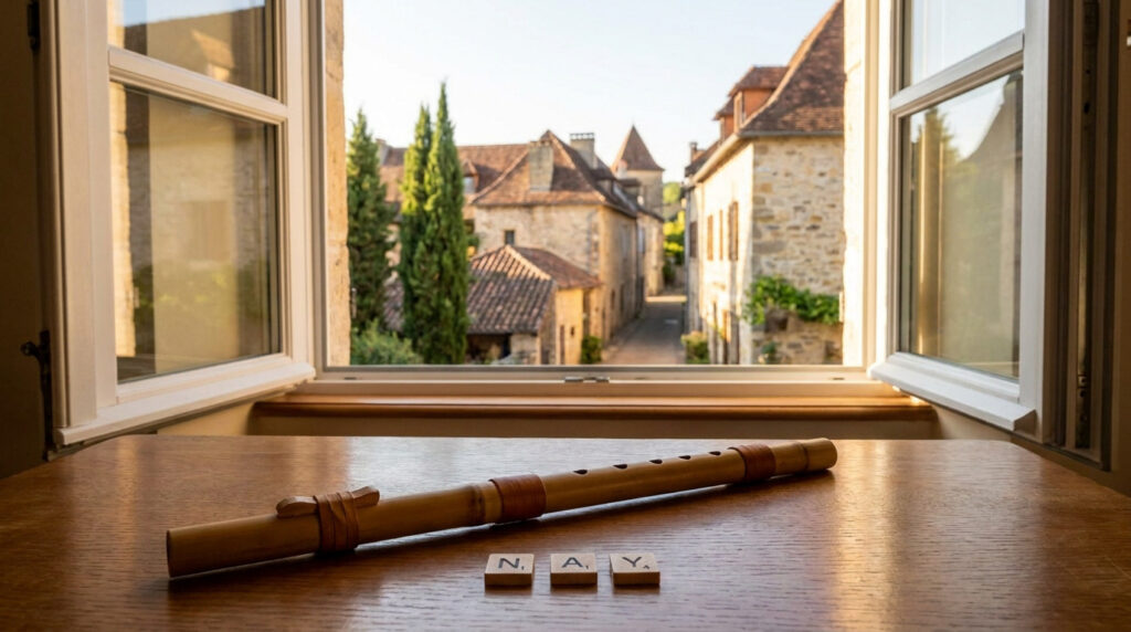 Une flûte en bambou appelée Nay posée sur une table en bois devant une fenêtre donnant sur un village historique.