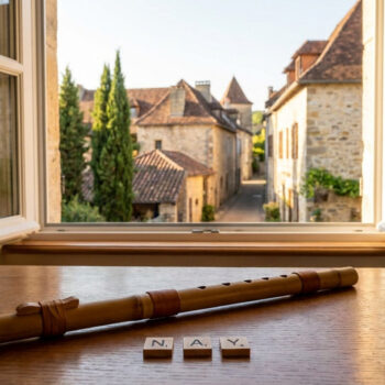 Une flûte en bambou appelée Nay posée sur une table en bois devant une fenêtre donnant sur un village historique.