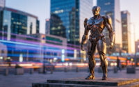Un robot humanoïde en métal se tient debout sur un socle devant des gratte-ciel avec des traînées lumineuses.