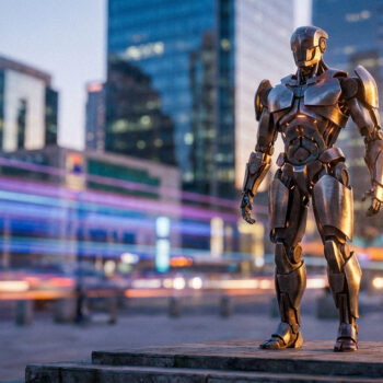Un robot humanoïde en métal se tient debout sur un socle devant des gratte-ciel avec des traînées lumineuses.