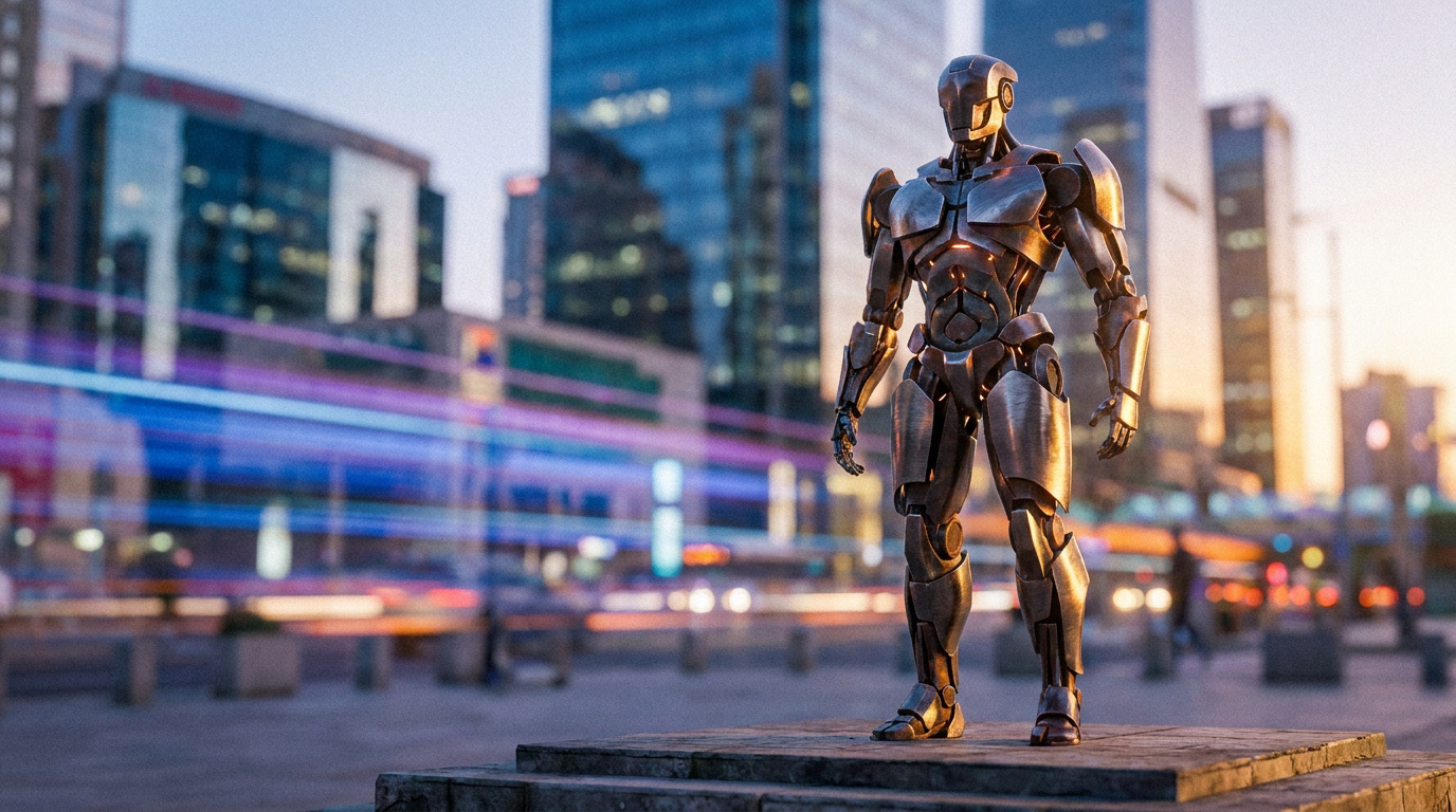Un robot humanoïde en métal se tient debout sur un socle devant des gratte-ciel avec des traînées lumineuses.