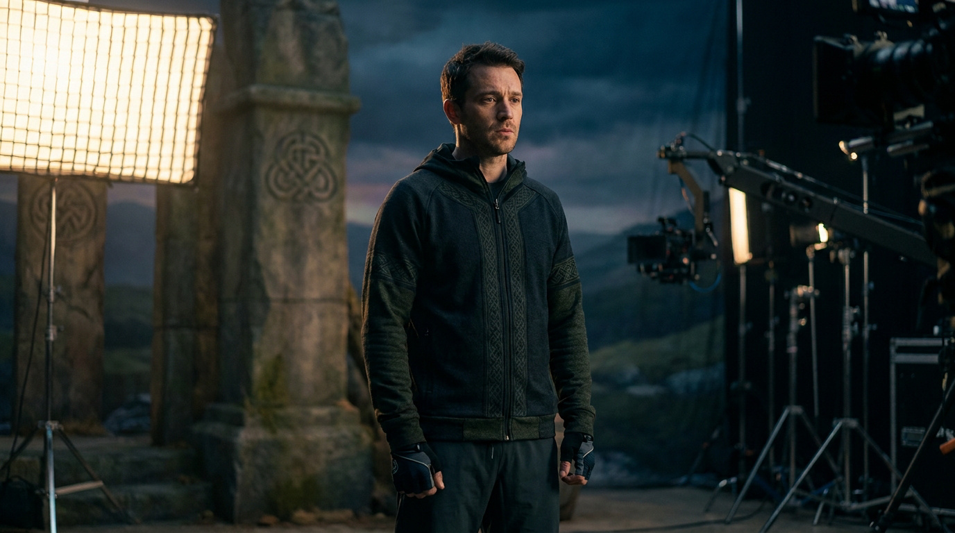 Ragnar le Breton posant sur un plateau de tournage avec des éclairages professionnels et des décors celtiques.