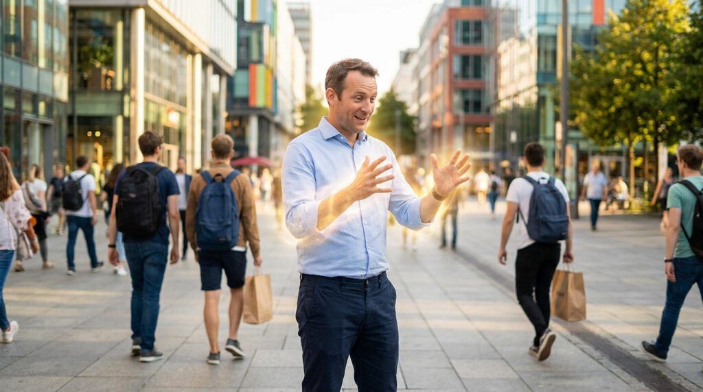 Un homme souriant au milieu d'une rue animée, entouré d'une aura lumineuse mystique autour de ses mains.