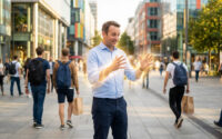Un homme souriant au milieu d'une rue animée, entouré d'une aura lumineuse mystique autour de ses mains.