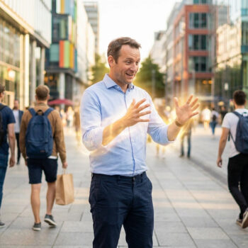 Un homme souriant au milieu d'une rue animée, entouré d'une aura lumineuse mystique autour de ses mains.