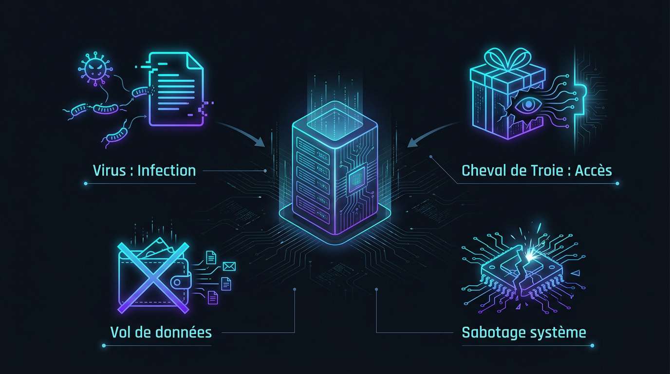 Infographie présentant les différents types de malwares et menaces informatiques