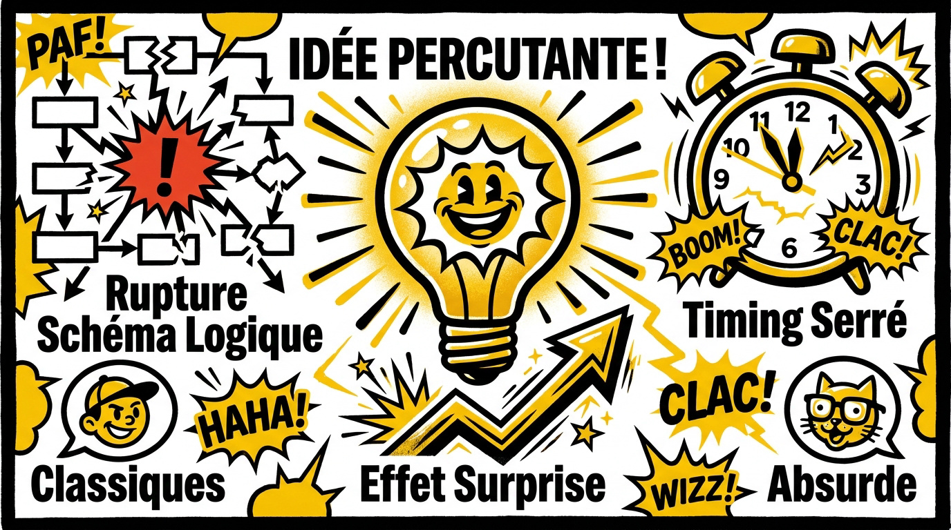 Illustration des piliers d'une blague drôle : idée, timing et surprise