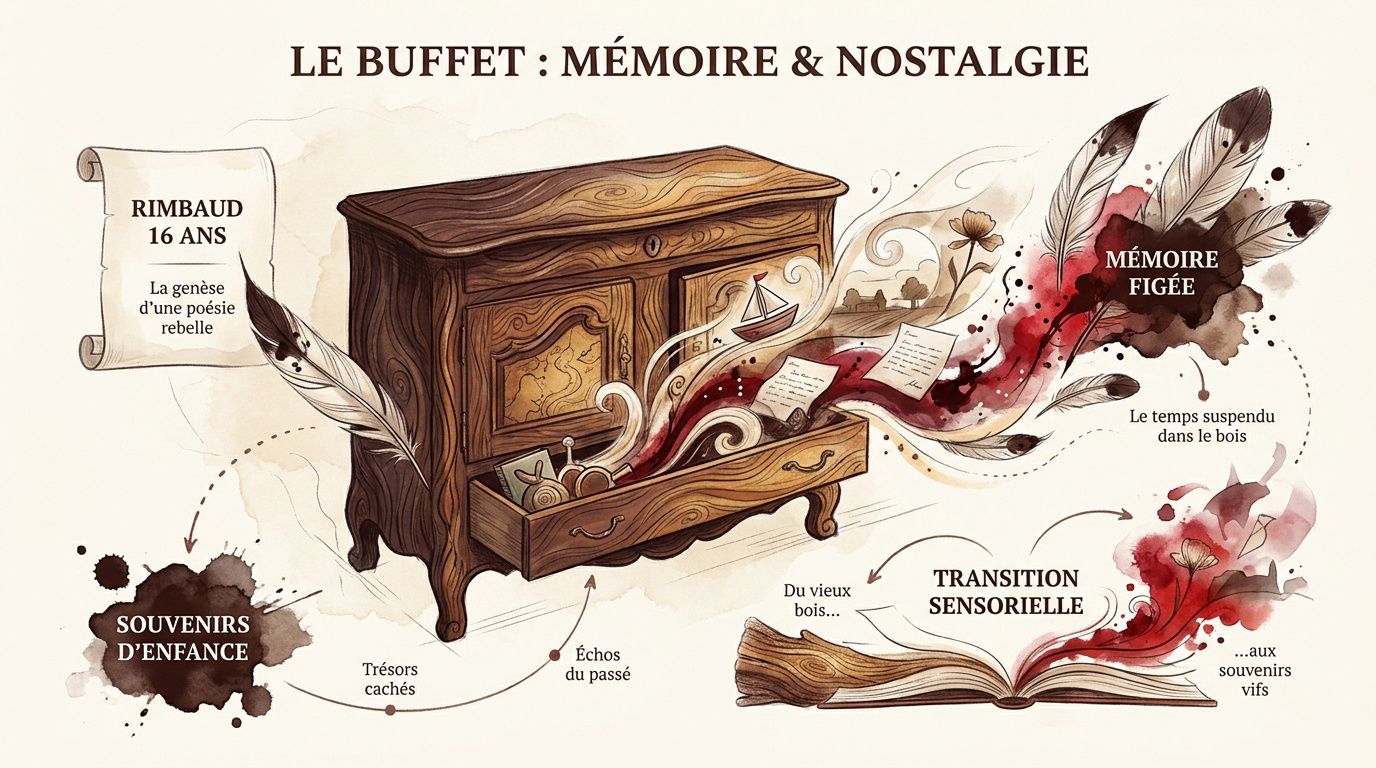 Vieux buffet en chêne sombre sculpté évoquant la mémoire et la nostalgie poétique