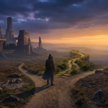 Un voyageur à capuche devant des ruines monumentales à un carrefour au coucher du soleil.
