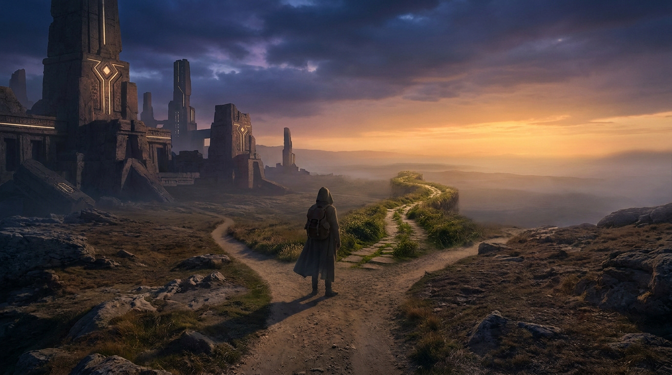 Un voyageur à capuche devant des ruines monumentales à un carrefour au coucher du soleil.