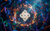 Un tourbillon abstrait de lettres colorées entourant un symbole lumineux central, illustrant le concept de chaos.