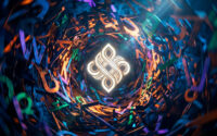Un tourbillon abstrait de lettres colorées entourant un symbole lumineux central, illustrant le concept de chaos.