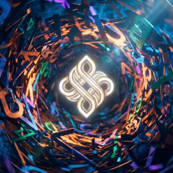 Un tourbillon abstrait de lettres colorées entourant un symbole lumineux central, illustrant le concept de chaos.