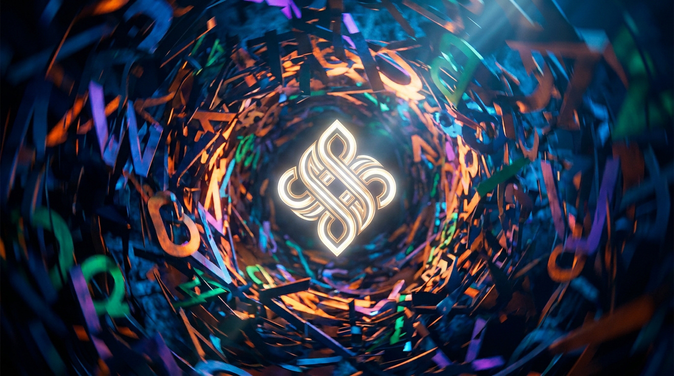 Un tourbillon abstrait de lettres colorées entourant un symbole lumineux central, illustrant le concept de chaos.