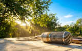 Un microphone vintage posé sur une table en bois dans un jardin ensoleillé.