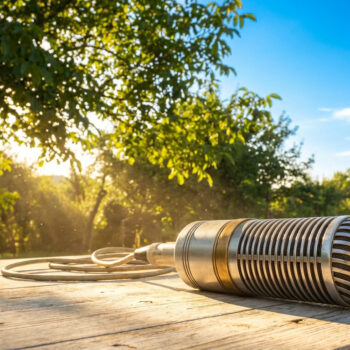 Un microphone vintage posé sur une table en bois dans un jardin ensoleillé.