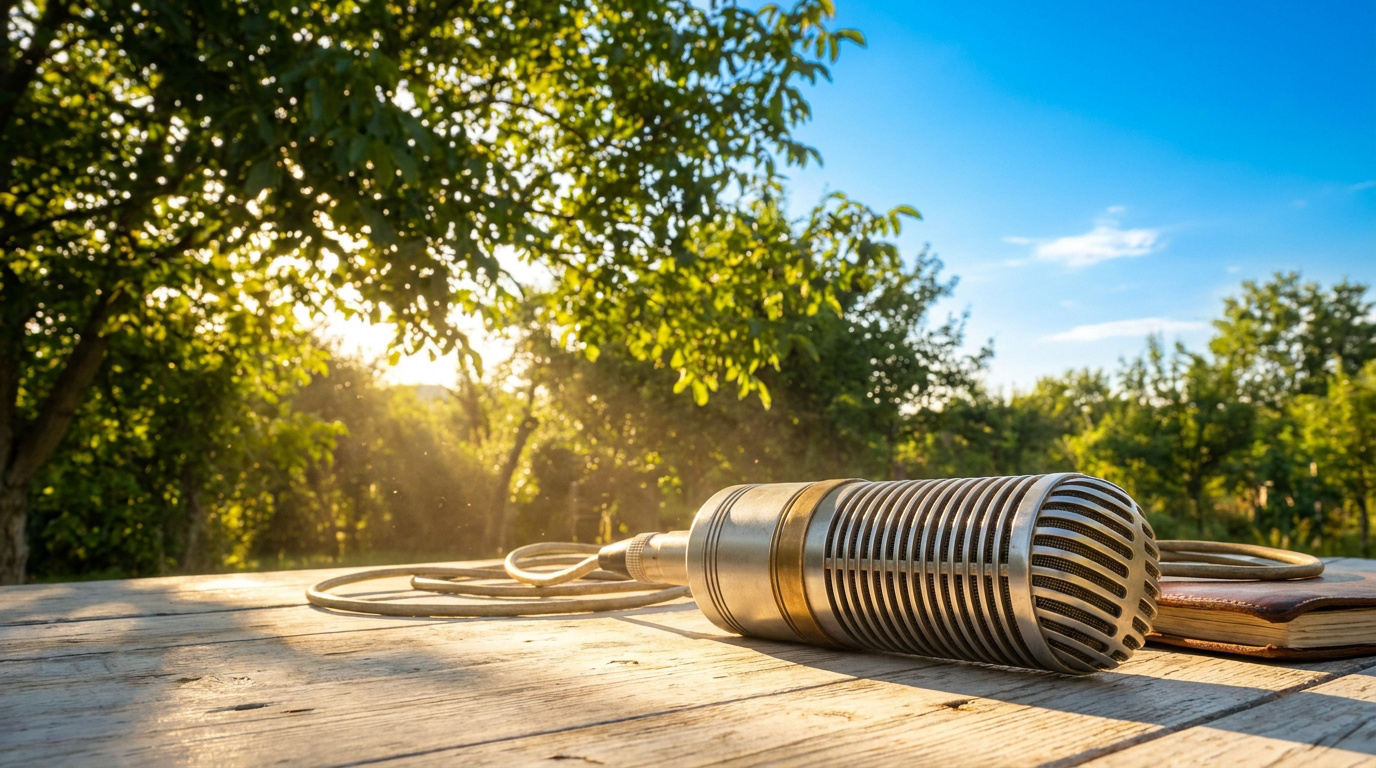 Un microphone vintage posé sur une table en bois dans un jardin ensoleillé.