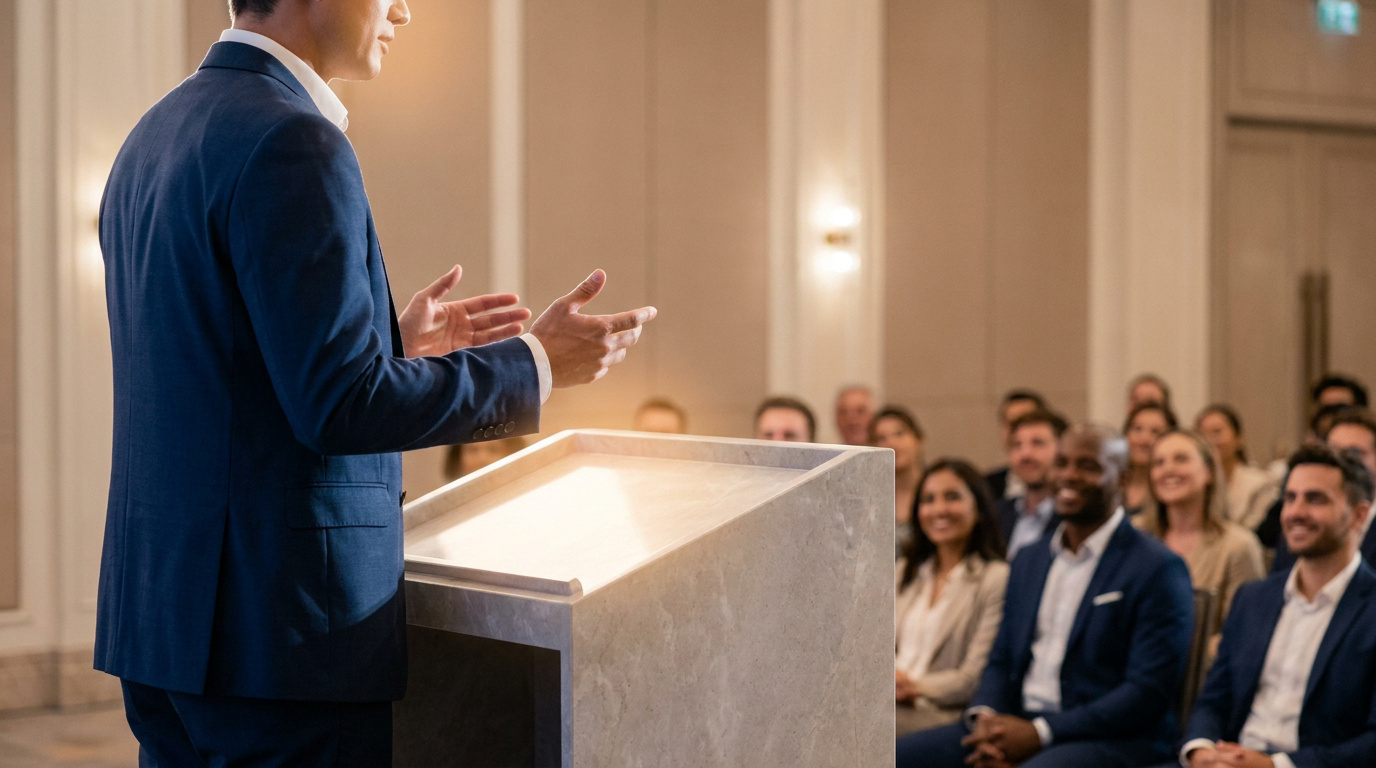 Un conférencier en costume s'exprime depuis un pupitre devant une audience attentive lors d'un événement formel.