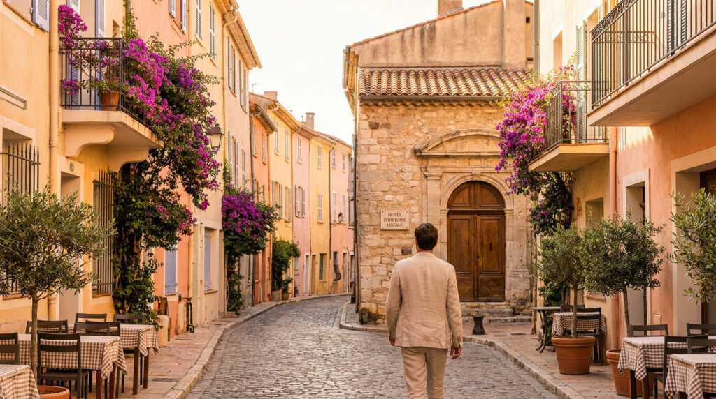 Un homme marche dans une ruelle pavée ensoleillée de Saint-Tropez, bordée de maisons colorées et de bougainvilliers.