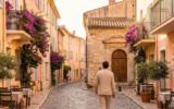Un homme marche dans une ruelle pavée ensoleillée de Saint-Tropez, bordée de maisons colorées et de bougainvilliers.