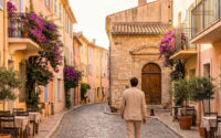 Un homme marche dans une ruelle pavée ensoleillée de Saint-Tropez, bordée de maisons colorées et de bougainvilliers.